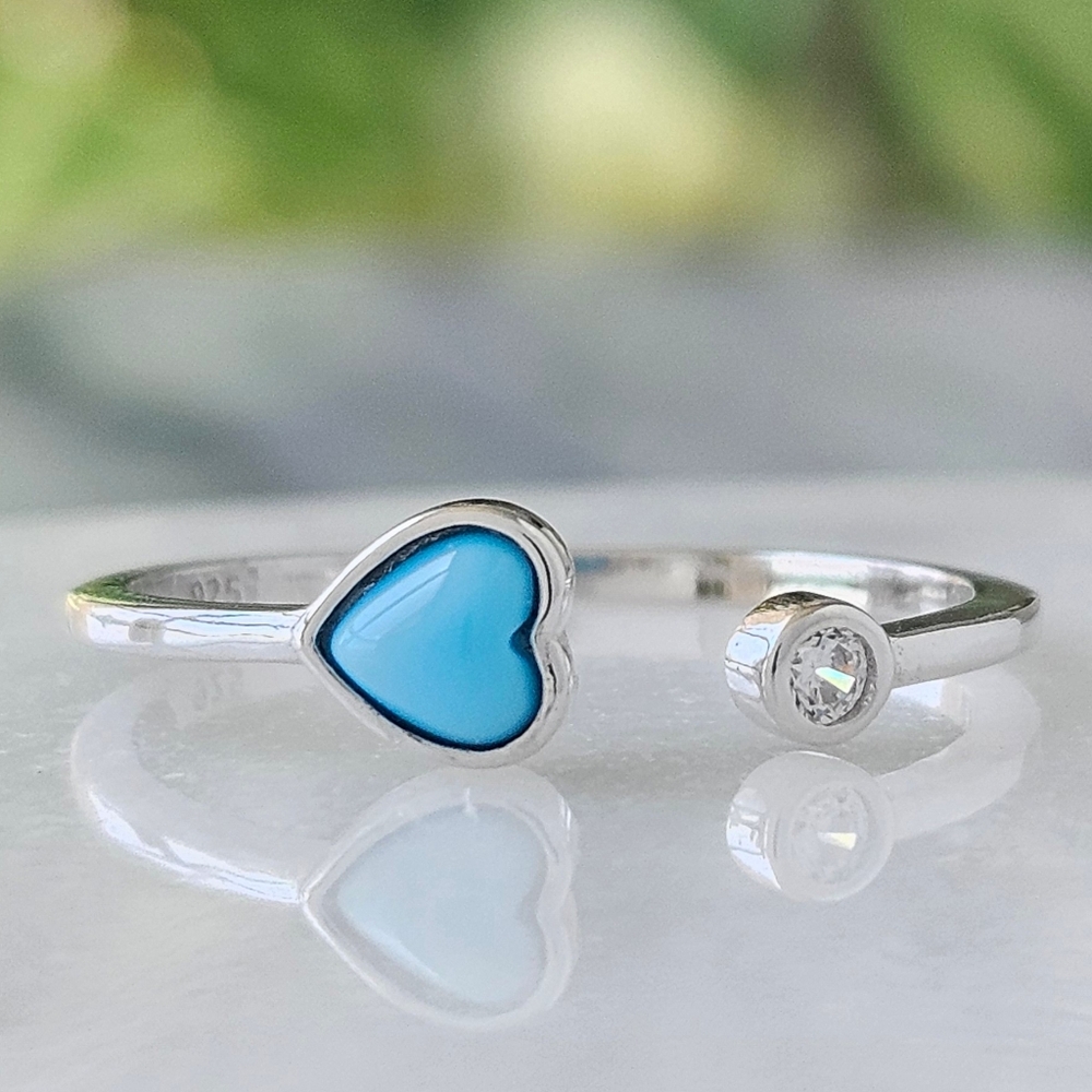 Dainty Sterling Silver ring, turquoise enamel heart stone - 925 Sterling Silver